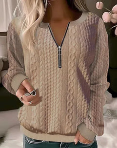 Women's Long Sleeve Solid Color And V-neck Zipper