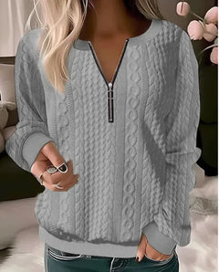 Women's Long Sleeve Solid Color And V-neck Zipper